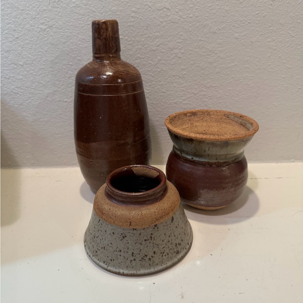 Vintage MCM Brown Multi-Shape Stoneware Unmarked Handmade Pottery Set of 3